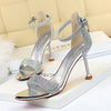 Women Summer Sandals 8.5cm High Heels Rhinestone Crystal Middle Heels Ankle Strappy Sandles Lady Wedding Event Party Gold Shoes
