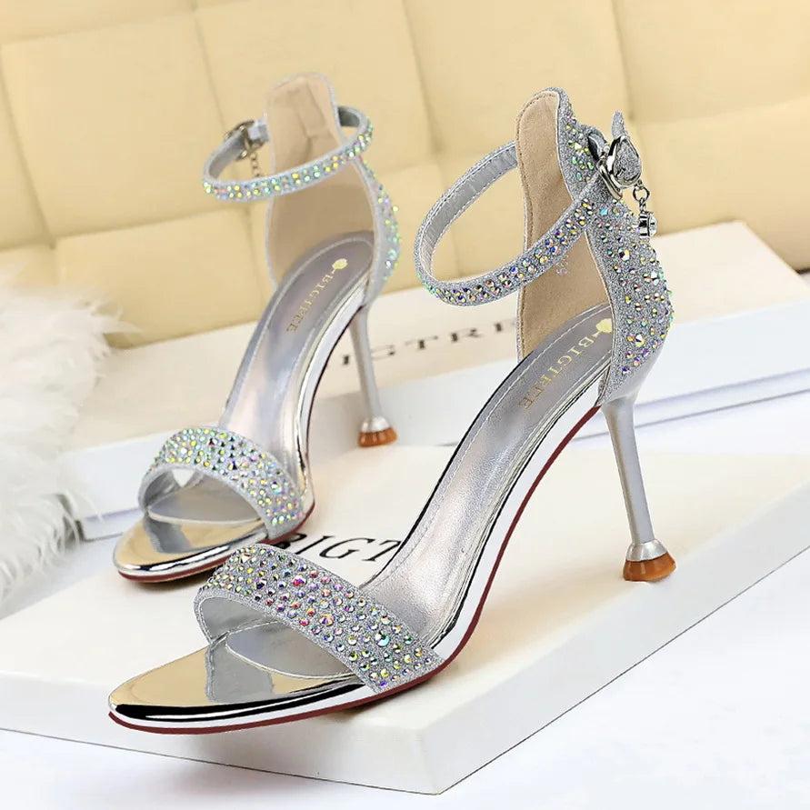 Women Summer Sandals 8.5cm High Heels Rhinestone Crystal Middle Heels Ankle Strappy Sandles Lady Wedding Event Party Gold Shoes