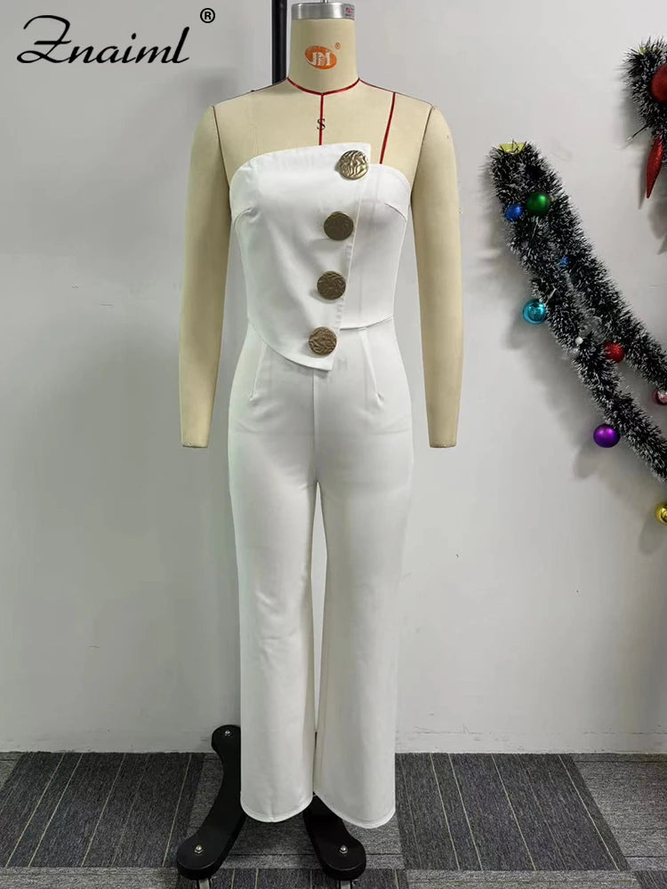 Znaiml Sexy Yellow Button Wide Leg Pants Stretch Long Rompers One Pieces Overalls Women Strapless Jumpsuit Birthday Streetwear