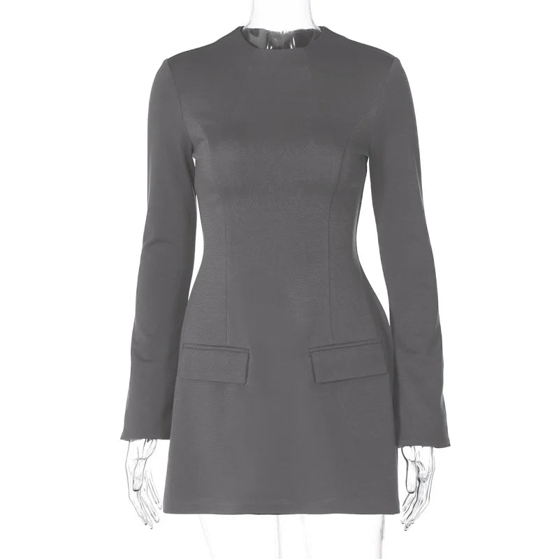 Hugcitar 2024 Spring O Neck Long Sleeve Solid Patchwork Zip Up Sexy Bodycon Mini Dress Women Fashion Outfits Birthday Party Y2K