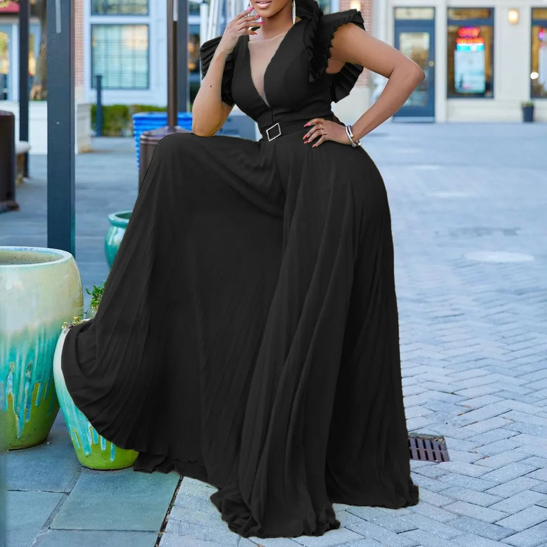 Elegant Pleated Jumpsuits & Rompers for Women V Neck Ruffles Belt Waisted High Waisted Floor Length Luxury Birthday Party Outfit