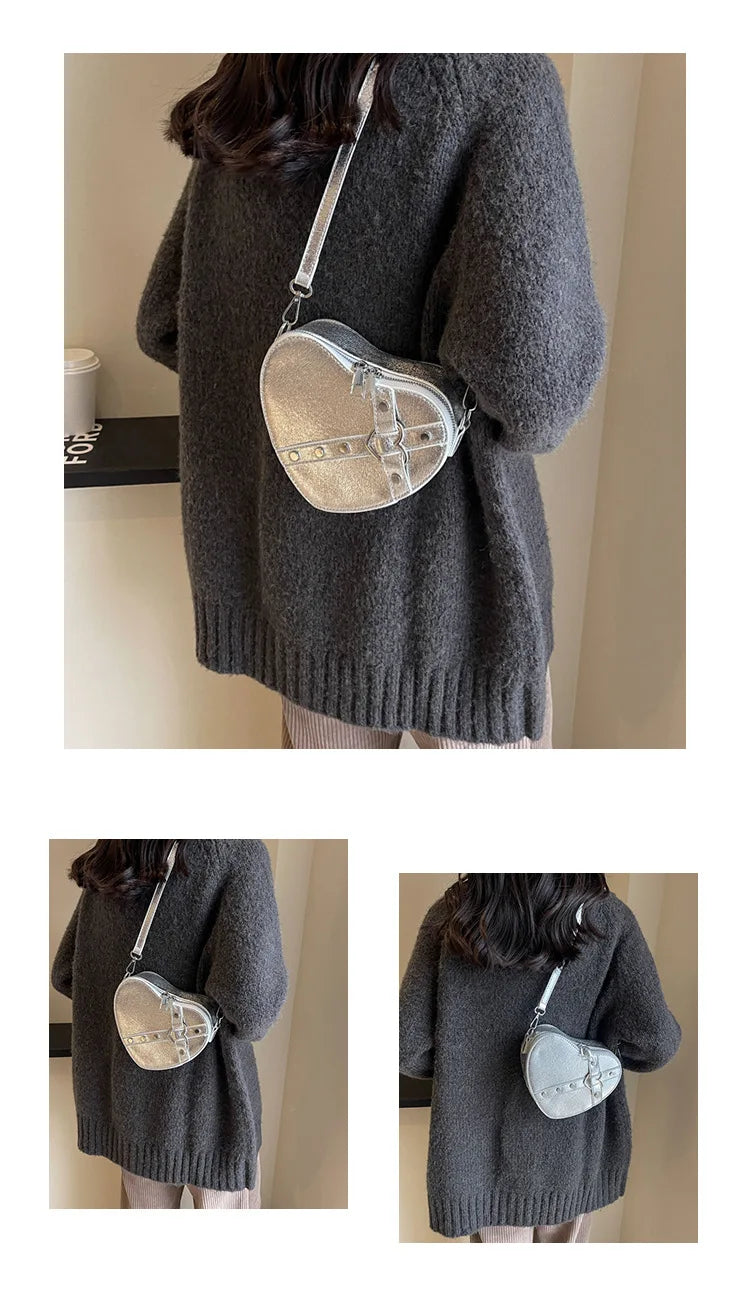 Vintage Y2K Small Chain Rivet Shoulder Bag Heart Shaped Purse Handbag Red PU Leather Gothic Tote Bag Fashion Women Crossbody Bag