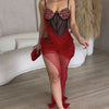 Women Sexy Solid Color Spaghetti Strap Rhinestone Decor Sheer Mesh Irregular Party Dress