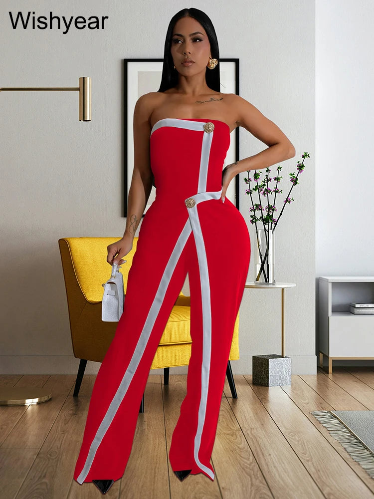 Wishyear Irregular Off Shoulder Sleeveless Strapless Jumpsuits Women Button Patchwork Wide Leg Pants Evening One Piece Outfits