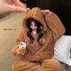 Brown Furry Pajama Sets Fluffy Teddy Bear Hooded Zipper Sleepwear Women Plush Warm Thick Christmas Homewear Y2K Kawaii Nightwear