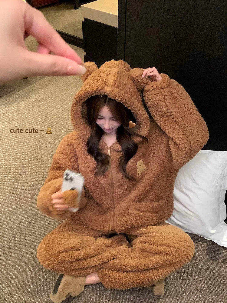Brown Furry Pajama Sets Fluffy Teddy Bear Hooded Zipper Sleepwear Women Plush Warm Thick Christmas Homewear Y2K Kawaii Nightwear