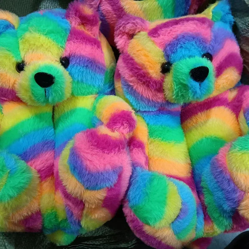 Cute Teddy Bear Plush Winter Slippers Wrapped in Heels Fun Indoor Floor Shoes Women's Gift Warm and Soft Cartoon Plush Animal Sl