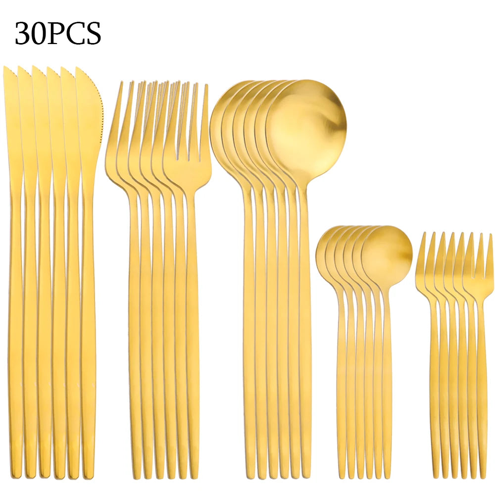 30Pcs Black Gold Dinnerware Set Stainless Steel Dinner Knife Fruit Fork Spoon Cutlery Set Kitchen Tableware Silverware Sets