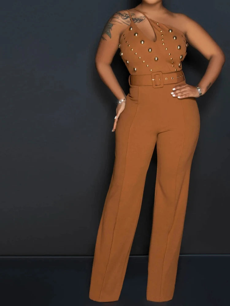 Women Jumpsuits Sexy One Piece Sleeveless Slim Fit Overalls Backless Wide Leg Long Pants Tight Waist Belt Rompers Elegant Splice