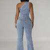 Flare Denim Pants Full Length Women Jeans One Piece Overalls Spliced Solid Jumpsuits Loose Pockets High Waist Basics Washed