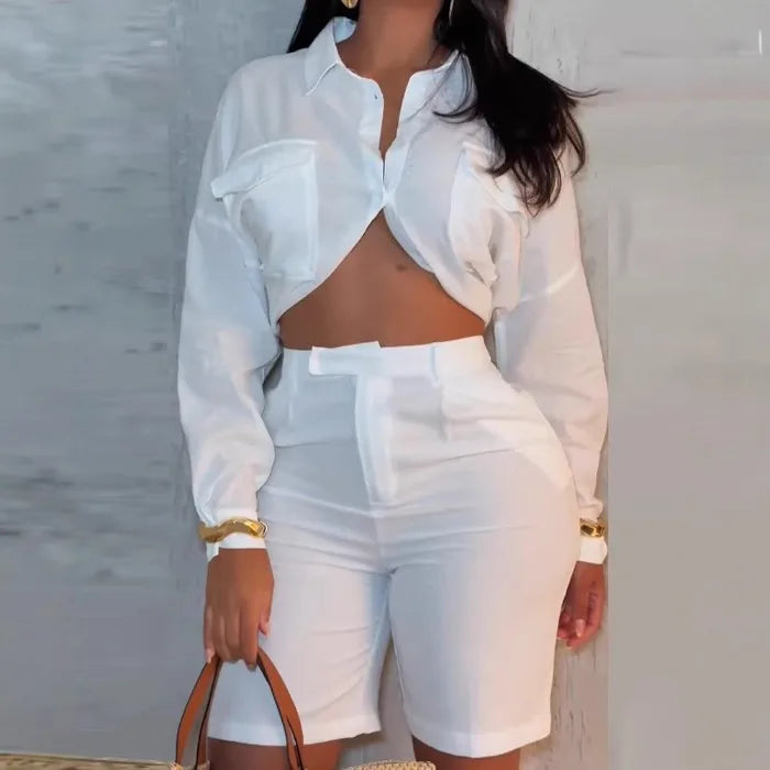 Elegant Two Piece Set Woman Summer 2025 New Solid Loose Long Sleeved Waist Revealing Shirt and High Waisted Half Pants Suit