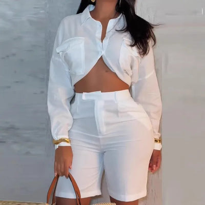 Elegant Two Piece Set Woman Summer 2025 New Solid Loose Long Sleeved Waist Revealing Shirt and High Waisted Half Pants Suit