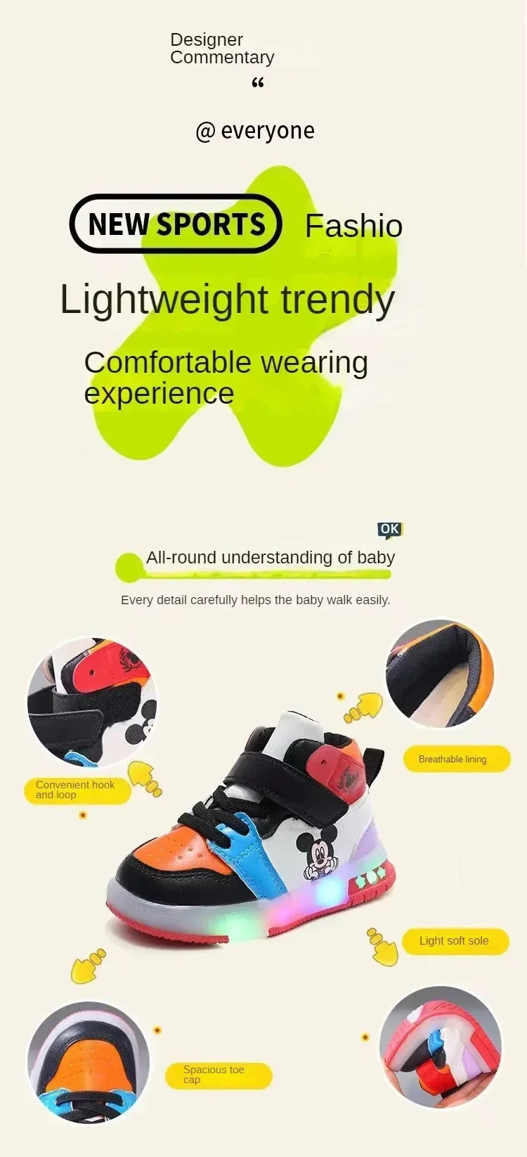Disney Children's Sneakers Boys Girls Mickey Led Light Sport Shoes Student Shoes Hook Anti-slip Kids Outdoor Shoes Basket Shoes