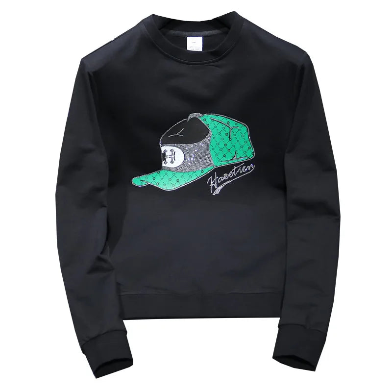 Round Collar Men's Pullover New Male Hoodies Personalized Hat Hot Diamond Print Fashionable Top Youth Bottoming Shirt Clothing