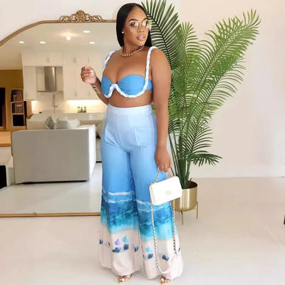 Sexy Nightclub Outfits for Women 2 Piece Set Birthday Vacation Bra Crop Top and Print Wide Leg Pants Matching Sets Beach Wear