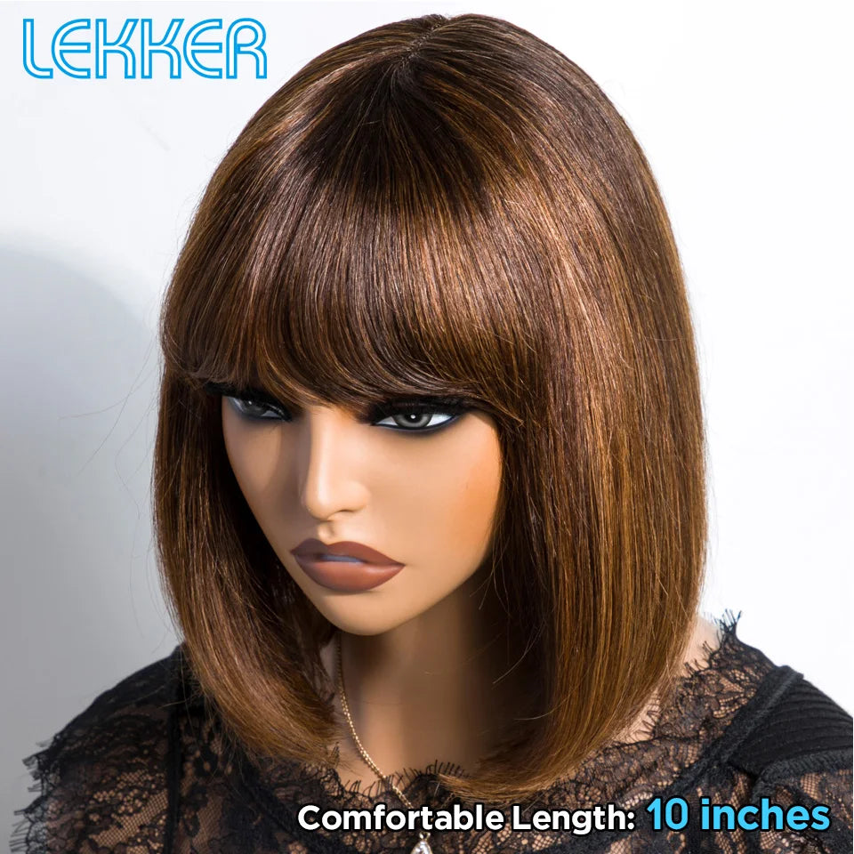 Lekker Chocolate Brown Short Straight Bob 100% Human Hair Wig With Bangs For Women Brazilian Remy Hair Top Lace Glueless Bob Wig
