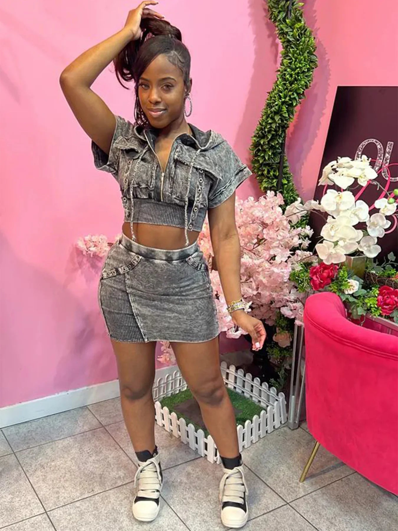 HLJ&GG Fashion Pocket Cargo Hooded Two Piece Sets Women Zip Slim Crop Top And Mini Skirts Outfits Female Washed 2pcs Streetwear