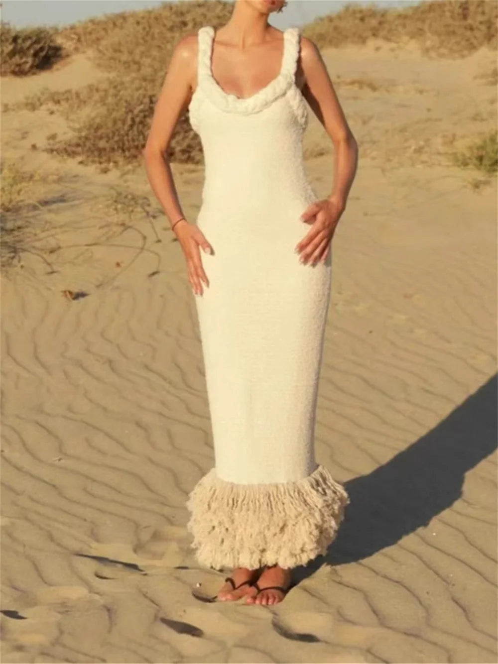 Fashion Yellow Tassel Knitted Sling Midi Dress for Women 2024 Sexy Backless Sleeveless Summer Beach Party Lady Robes
