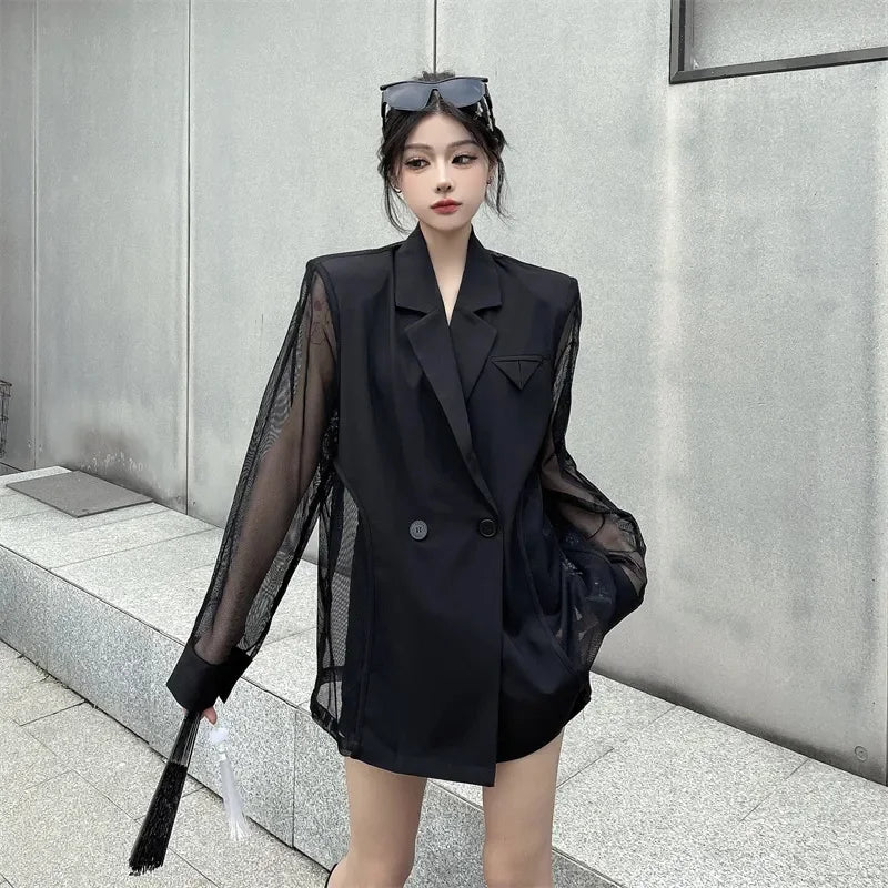 Fashion Hollow Out Mesh Patchwork Blazer for Women Y2K Korean Chic Net Long Sleeves Loose Black Coat Gothic Casual Suit Jacket
