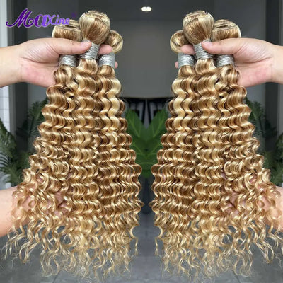 Maxine Highlight Blonde 613 Deep Wave Human Hair Bundles P27/613 Blonde Curly Weave Bundles Deep Wave Colored Bundles Human Hair