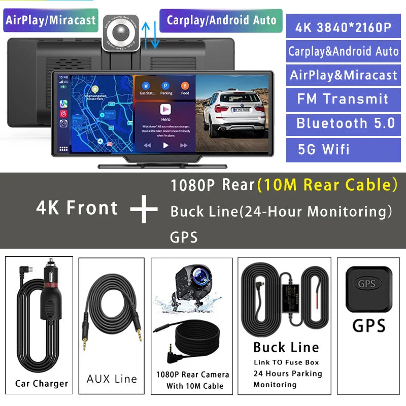 10.26“  Dash Cam 4K 3840*2160P Car Dvr Carplay Android Auto GPS 5G WIFI  Stream RearView Mirror Dashcam Camera Drive Recorder FM