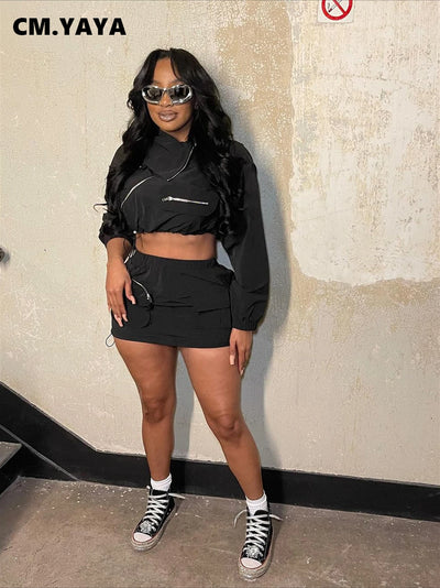 CM.YAYA Fashion Safari Style Women's Set Long Sleeve Zipper Fly Tops and Cargo Midi Mini Skirts Suit 2025 Two 2Piece Sets Outfit