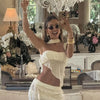 Weird Puss See Through 2-Piece Set Scarf Strapless Top Mesh Irregular Hem+Multi-Pleated Skirt Beach Party Matching Pretty Suits