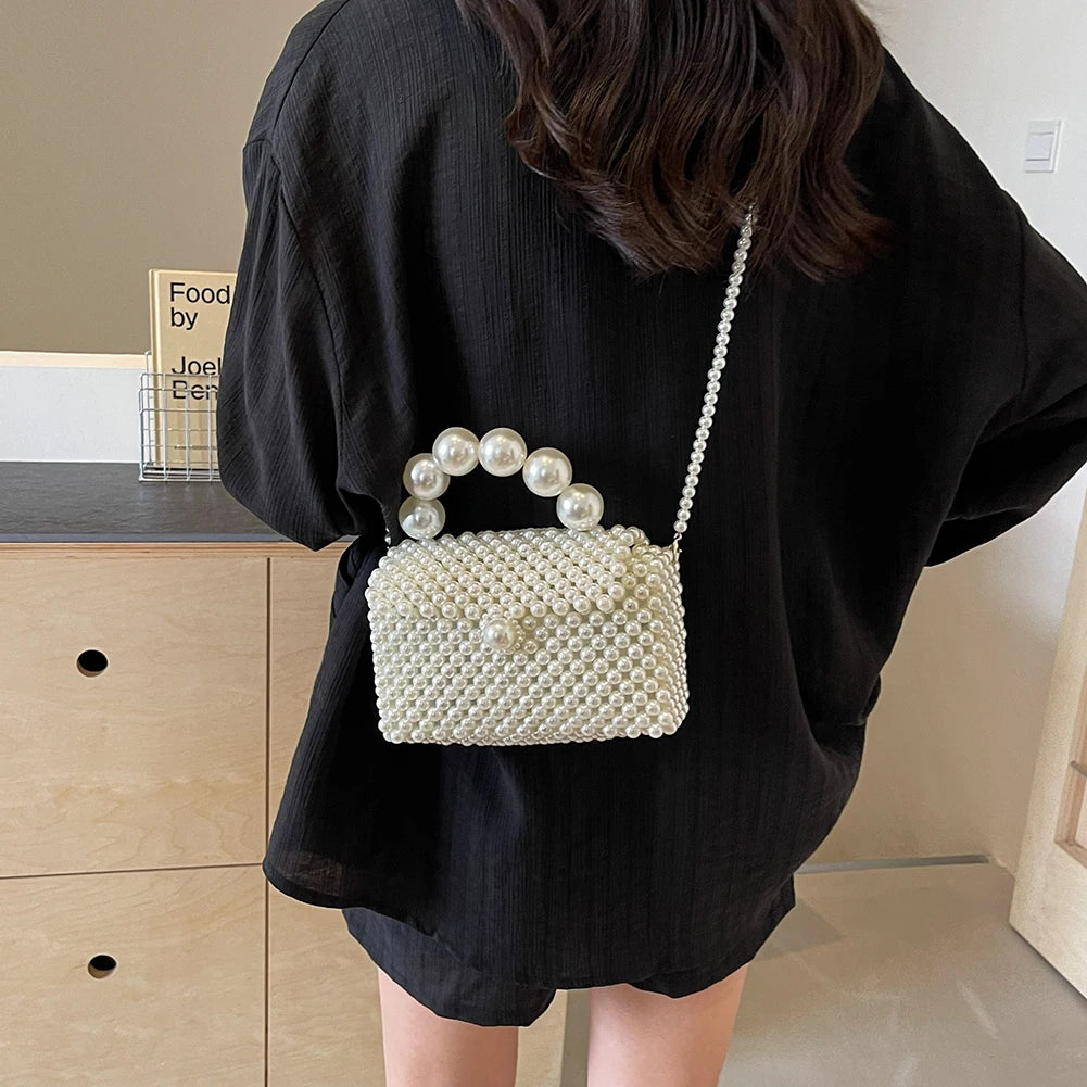 2024 Newest Handmade Pearl Knitting Evening Handbag Luxury Women's Snall Crossbody Bag High-end Hand-Woven Elegant Clutch Purses