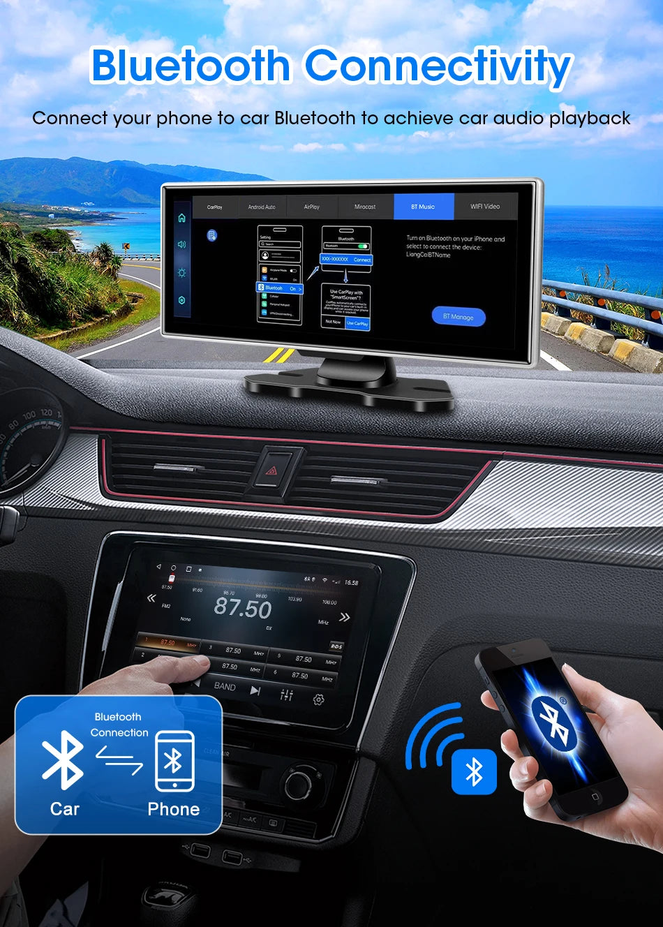 11.26 inch Car DVR 4K Dash Cam Dual Lens Wireless Carplay & Android Auto Video Recorder Monitor GPS Navigation 5G Wifi FM AUX