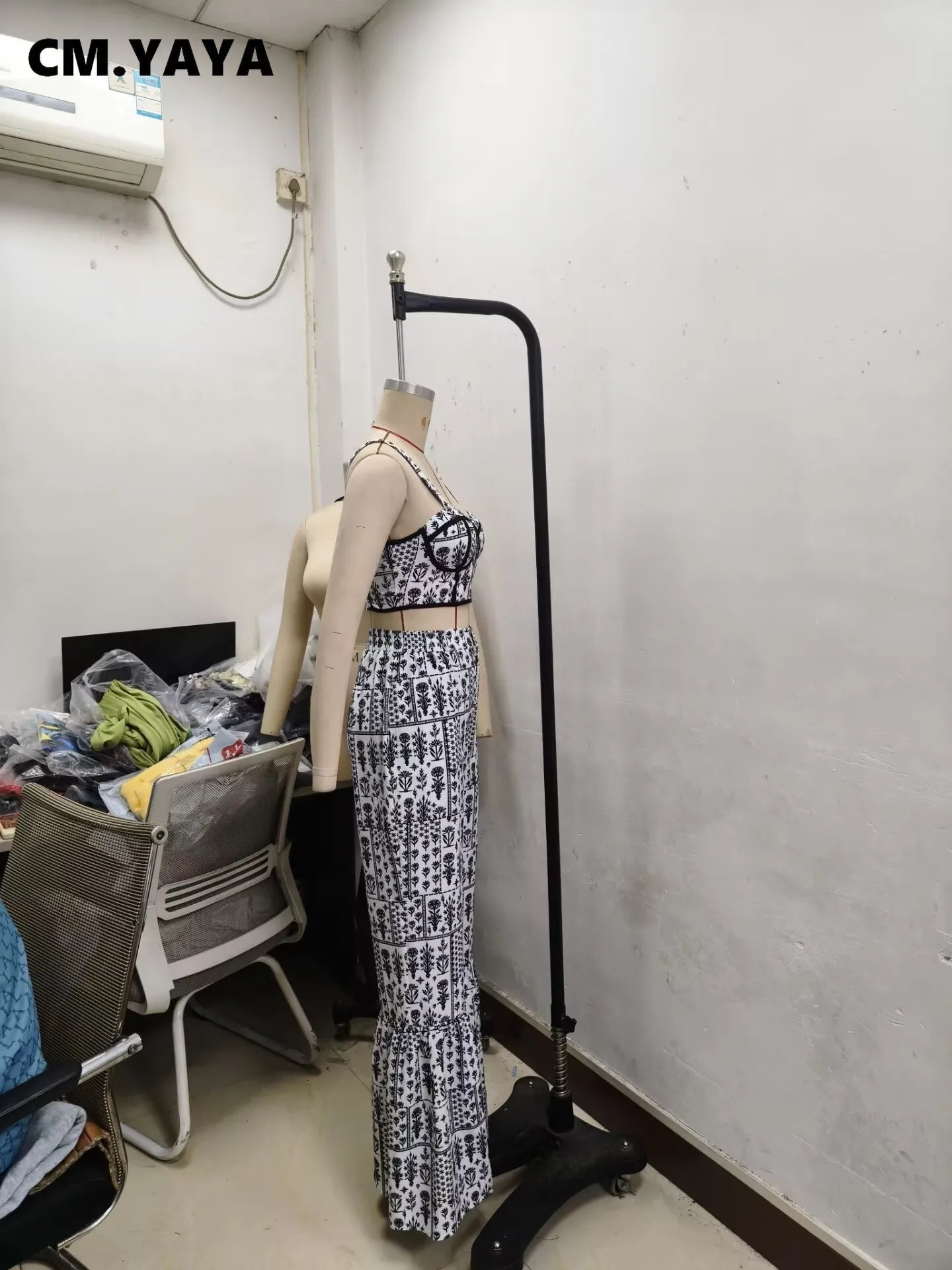 CM.YAYA Women's Set Print Strapless Bra Top and Flare Pants Suits 2025 Summer Street Party Two 2 Piece Sets Outfits Tracksuit