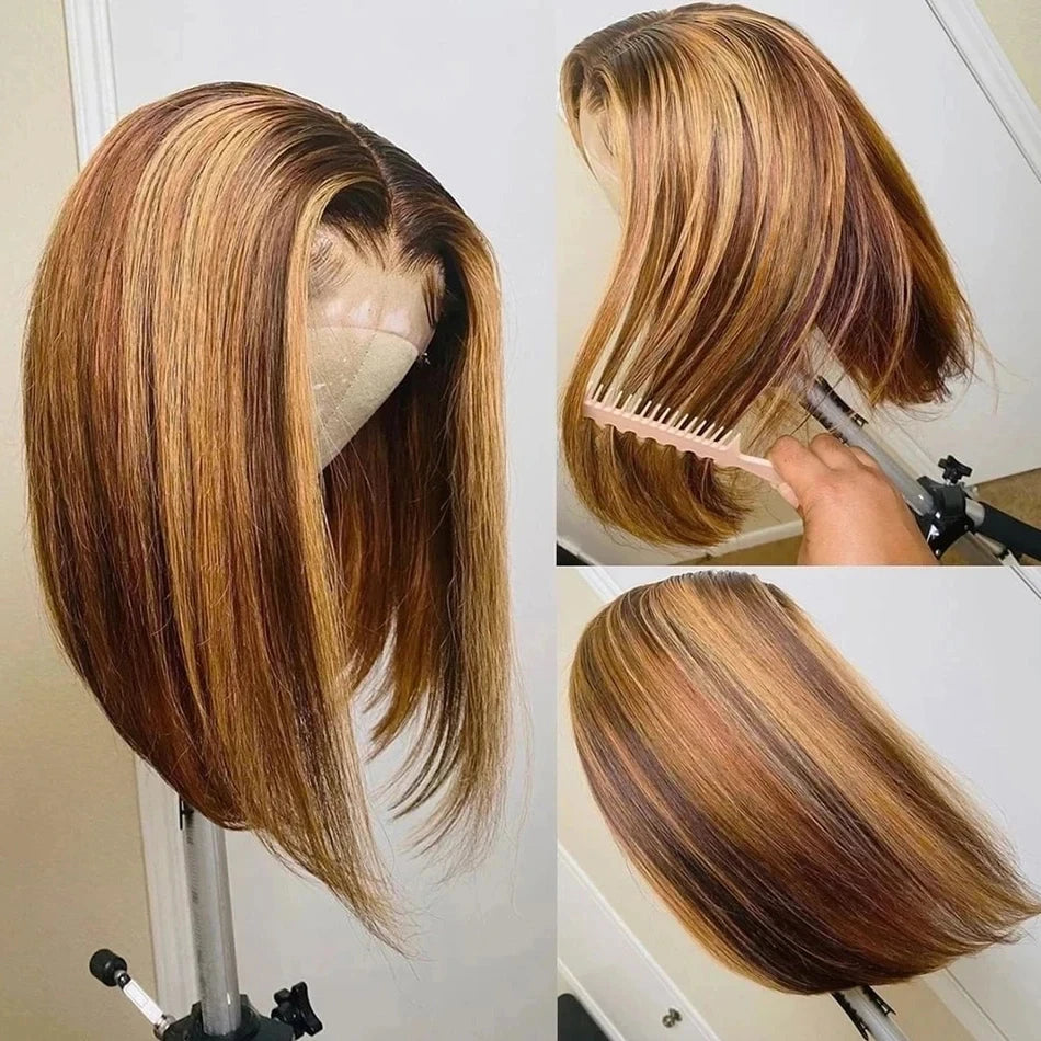 4/27 Highlight Bob Wigs Piano Colored Straight 13x4 Lace Frontal Human Hair Wig For Women HD Transparent Full Lace Bob Wigs