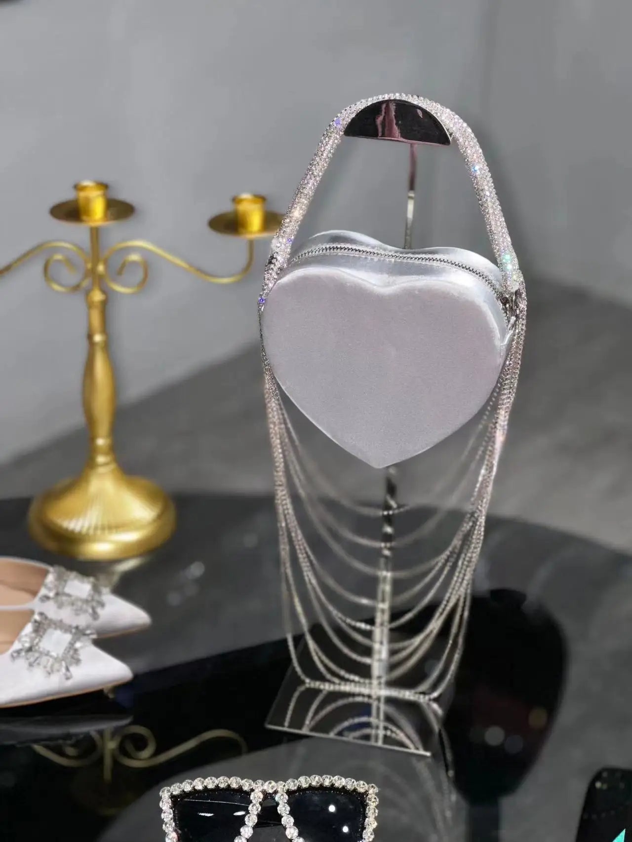Bling Tassel Heart-shape Satin Bag Glitter Rhinestone Diamond Evening Bag Women Handbag Wedding Party Clutch Purse Crossbody Bag