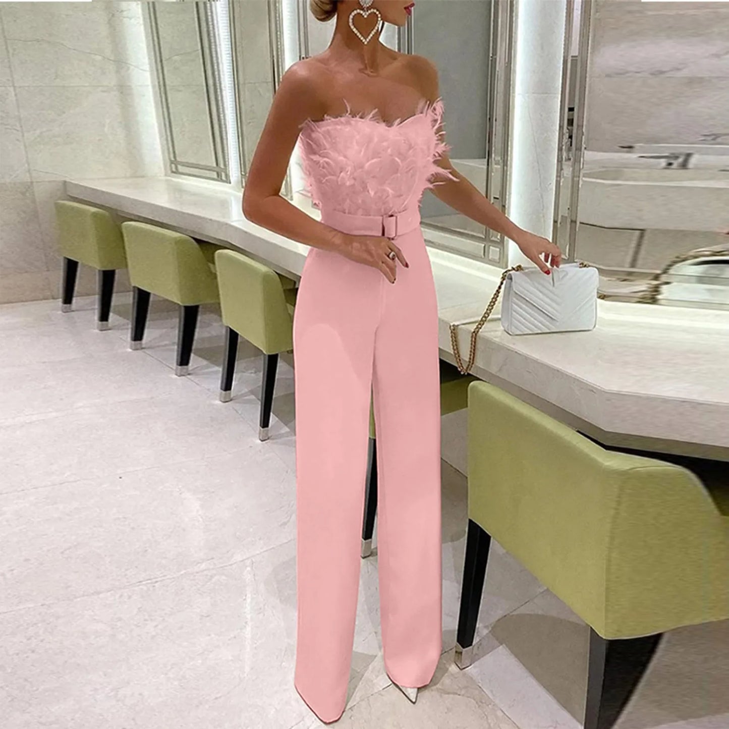Women Jumpsuit Feather Tube Top Sexy Evening Party Jump Suits Sleeveless High-waisted Straight Playsuits Night Clubwear Overalls