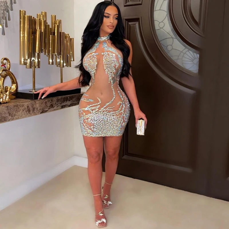 Sexy Party Dress for Women Mesh Sheer See Through Party Club Night Mini Bodycon Dress Luxury Rhinestone Sparkly Birthday Dress