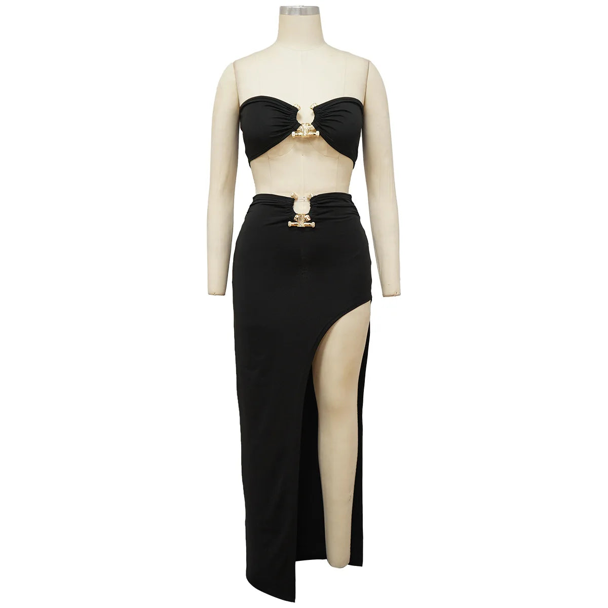 Women Two Piece Set Solid Color Breast Wrap Top and Irregular Slit Long Skirt Suit Lady Streetwear Mini Skirt Club Party Outfits
