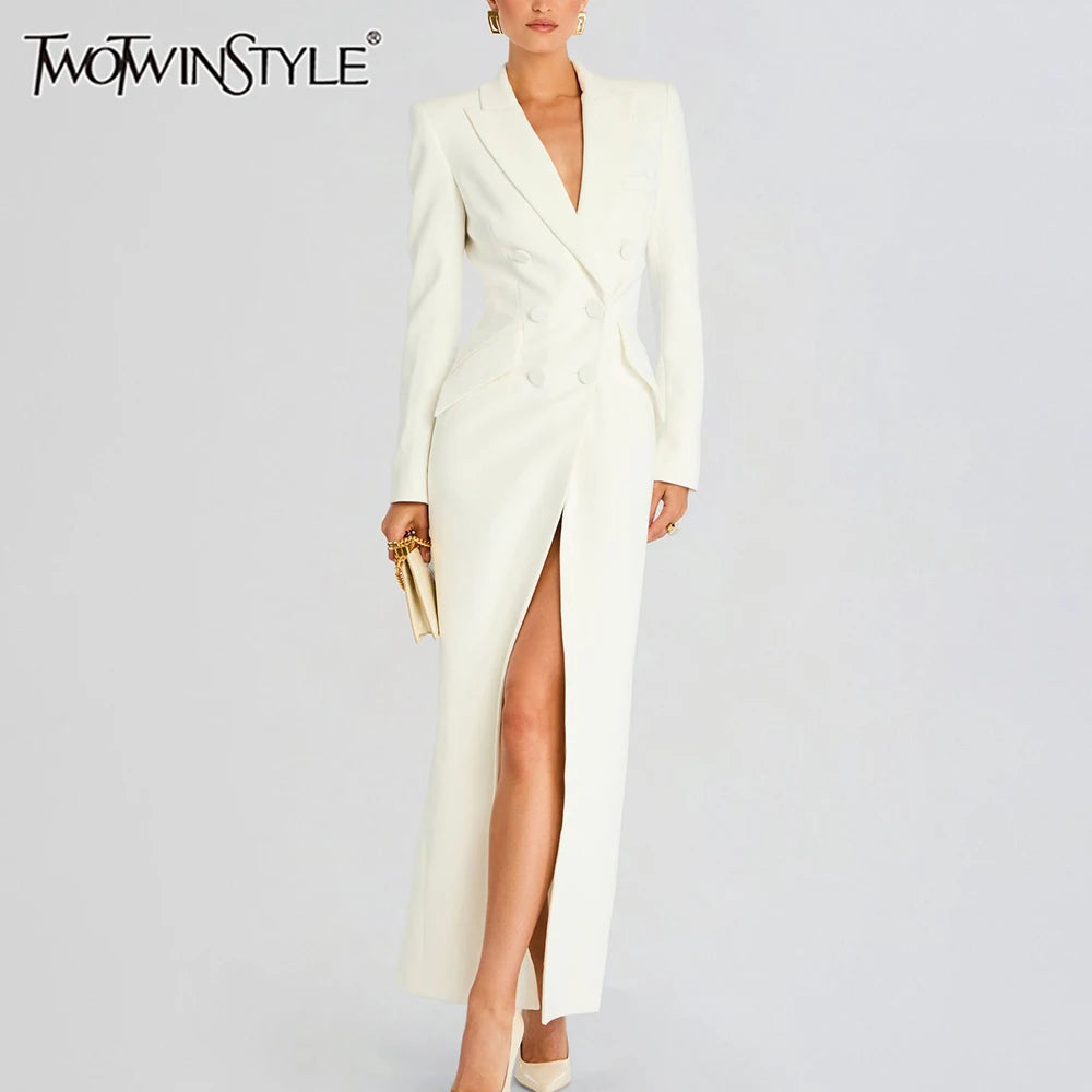 TWOTWINSTYLE Solid Slimming Long Blazer For Women Notched Collar Long Sleeve Tunic Patchwork Double Breasted Blazers Female New