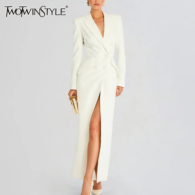 TWOTWINSTYLE Solid Slimming Long Blazer For Women Notched Collar Long Sleeve Tunic Patchwork Double Breasted Blazers Female New