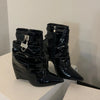 PU Leather Stiletto Womens Ankle Booties High Heel Pointed Toe Pumps Metal Buckle Side Zipper Sexy Fall Winter Shoes Black