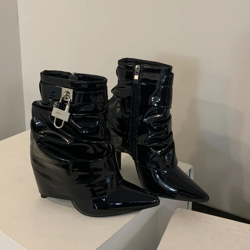 PU Leather Stiletto Womens Ankle Booties High Heel Pointed Toe Pumps Metal Buckle Side Zipper Sexy Fall Winter Shoes Black