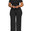 Znaiml Women Elegant Long Jumpsuits for Party Summer Short Sleeve Buttons Solid Color Wide Leg Pants Rompers One Pieces Overalls