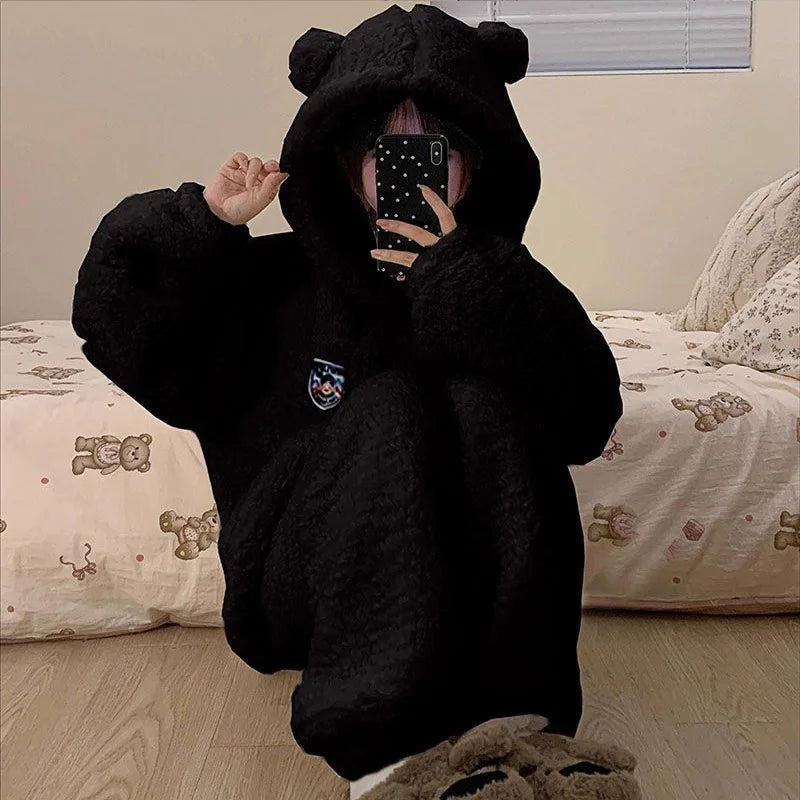 Brown Furry Pajama Sets Fluffy Teddy Bear Hooded Zipper Sleepwear Women Plush Warm Thick Christmas Homewear Y2K Kawaii Nightwear