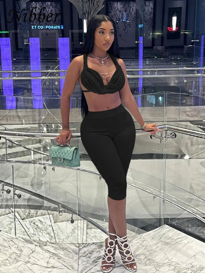 Nibber Sexy See Through Women 2 Piece Set Summer Trend Mesh Thin Whip Halter Tank Tops+Wide Waist Shorts Matching Street Outfits