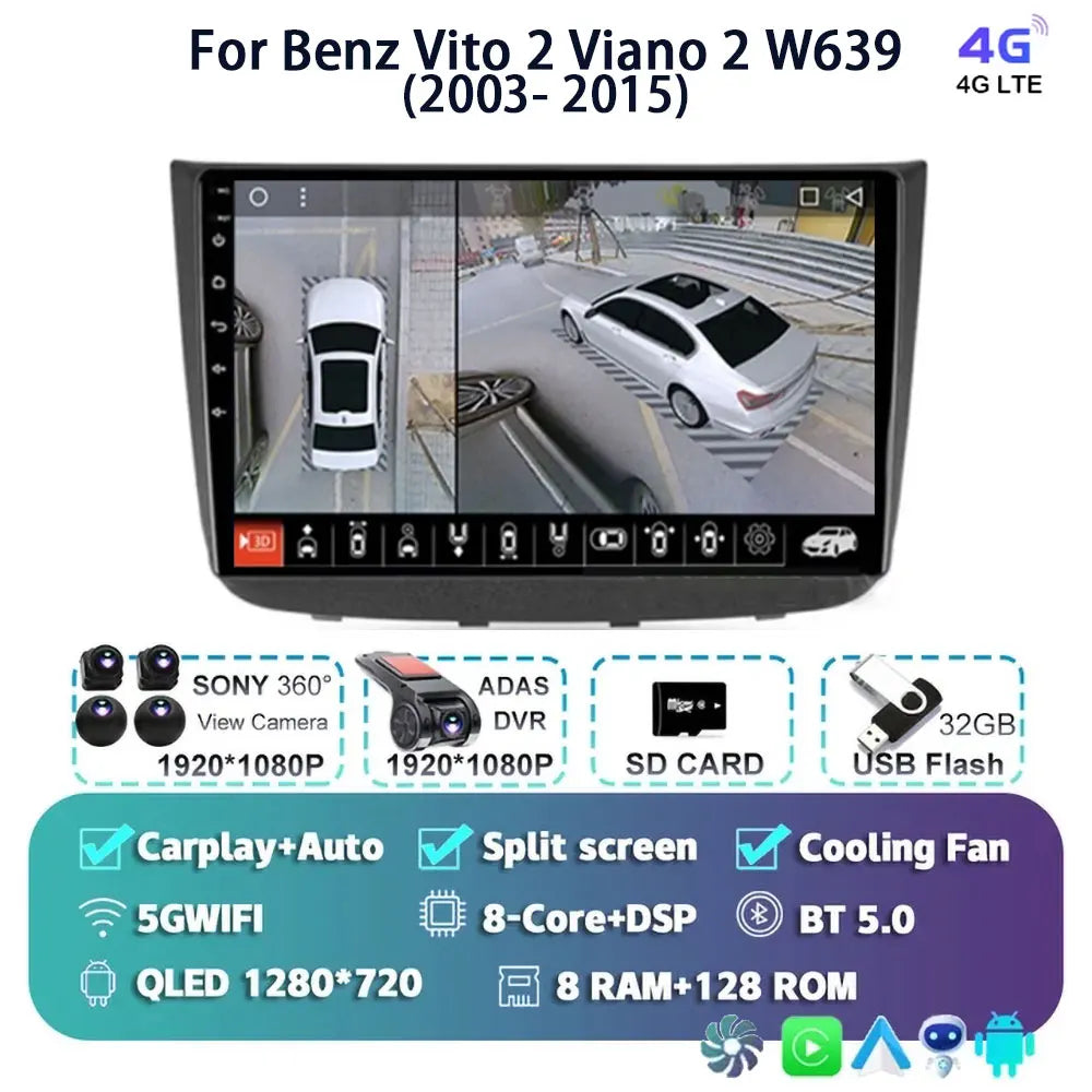 Android 14 For Benz Vito 2 Viano 2 W639 2003- 2015 2K QLED Android Car Radio Multimedia Video Player BT Stereo CarPlay Head Unit