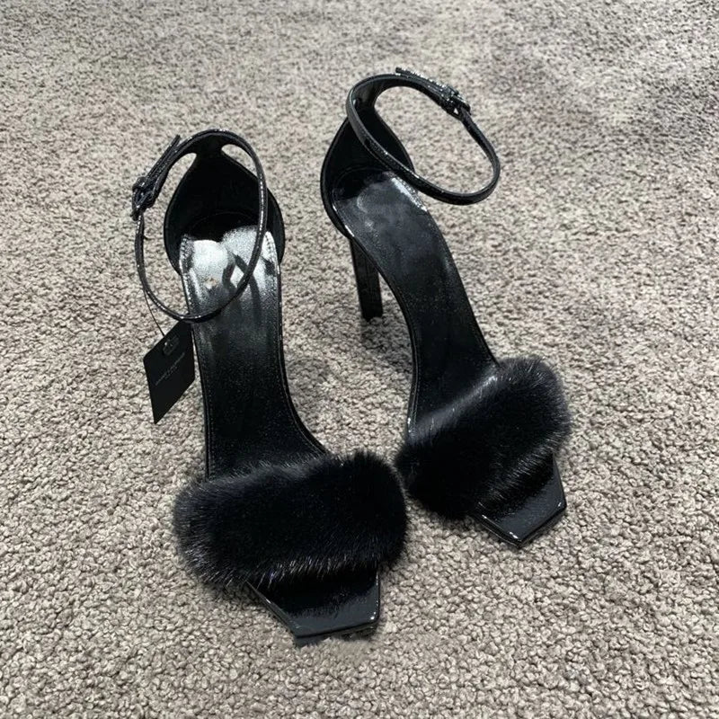 2025 Early Spring New Mink Hair High Heels One-word Sandals Square Head Stiletto Women's Shoes