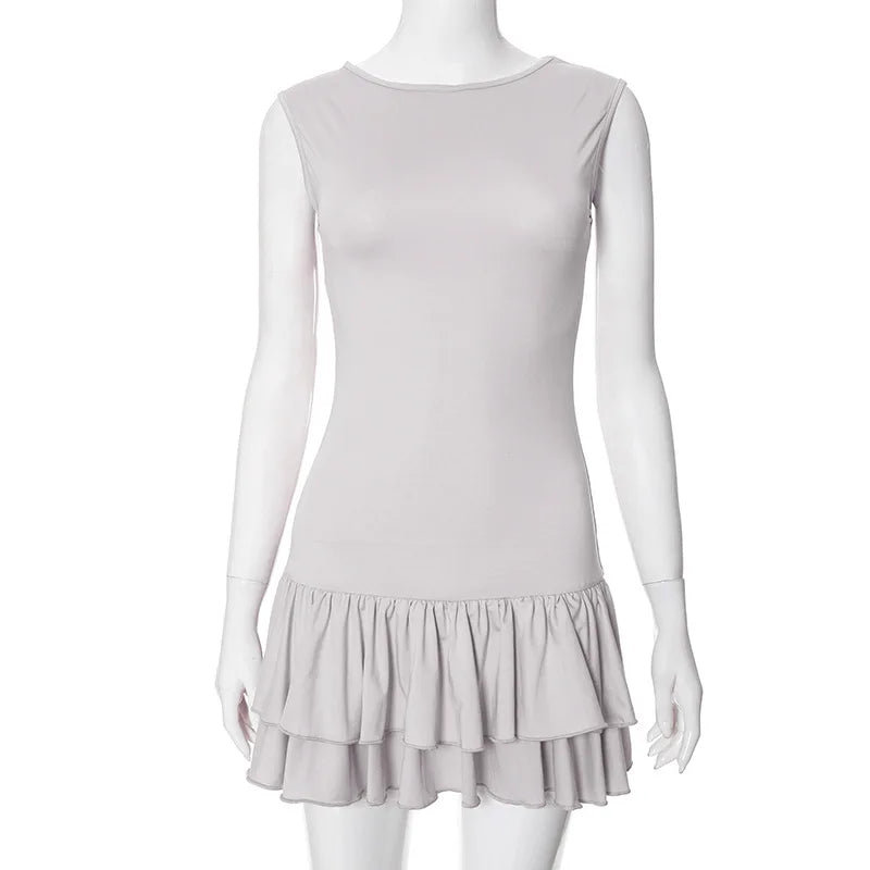 Women's Solid Pleated Short Dress Sleeveless O-neck Fashion Elegant Simple Mini Bodycon Dresses Slim Street Casual Party Holiday