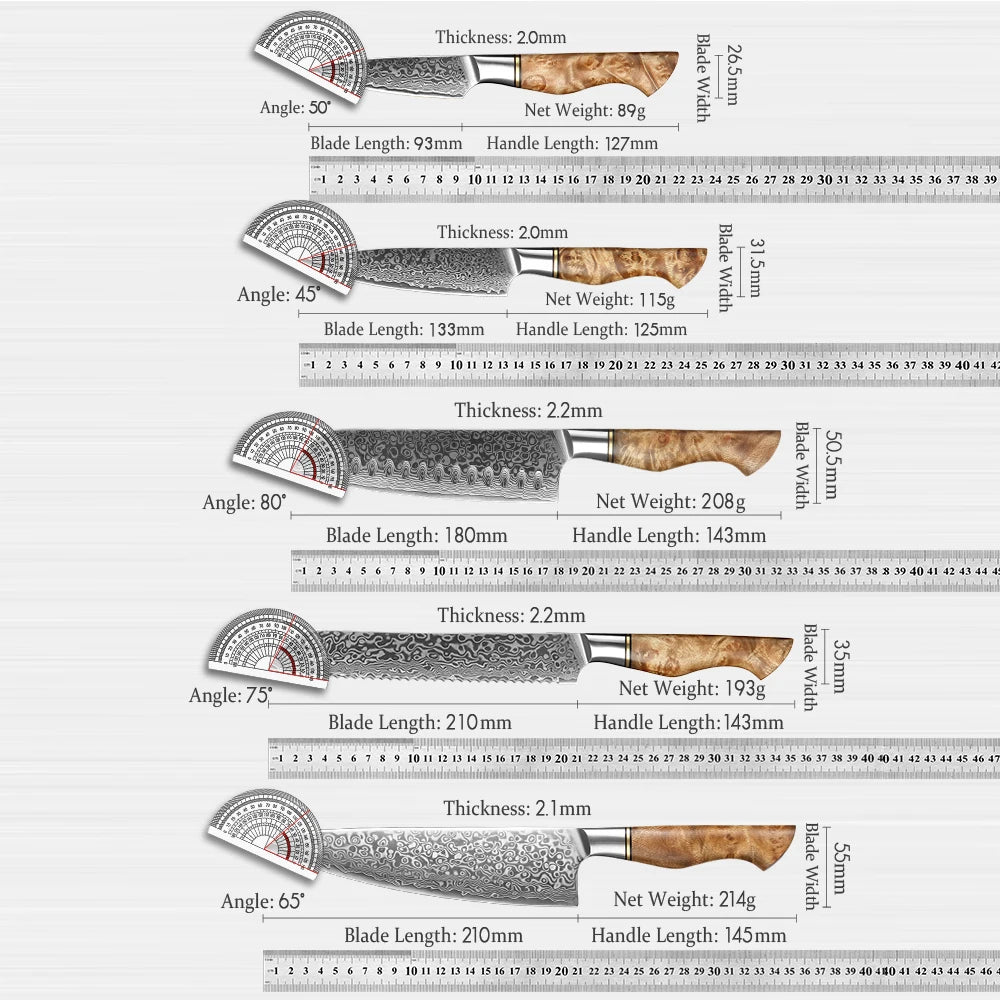 HEZHEN 1-5PC Knife Set Professional Damascus Steel  Chef Santoku Bread Utility Paring Cook Knife For Meat Sharp Kitchen Knife
