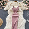 Summer V Neck Knit Sexy Strap Dress Women Elatic Waist Bodycon Sundress Female Beach Backless Maxi Long Dress