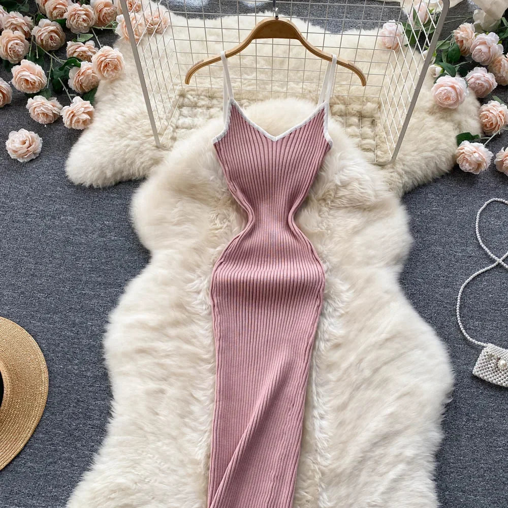 Summer V Neck Knit Sexy Strap Dress Women Elatic Waist Bodycon Sundress Female Beach Backless Maxi Long Dress