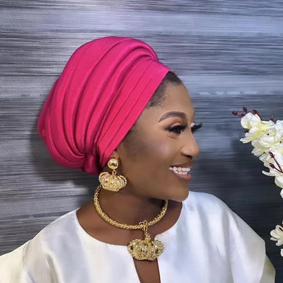 African Women's Auto Gele Headtie Nigeria Lady Pleated Head Wraps Muslim Headscarf Bonnet Turbante Mujer