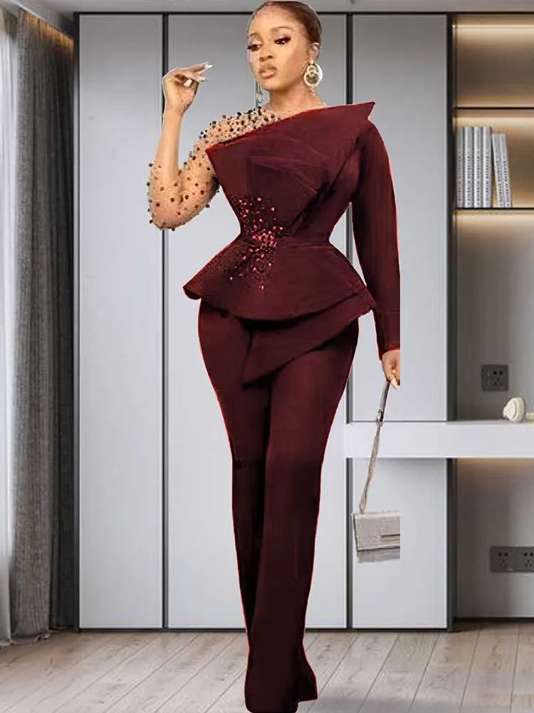 Spring 2 Pieces Set for Woman Pearl Top with Sleeves Pants Suit Women Outfit Elegant Classy Evening Wholesale Dropshipping